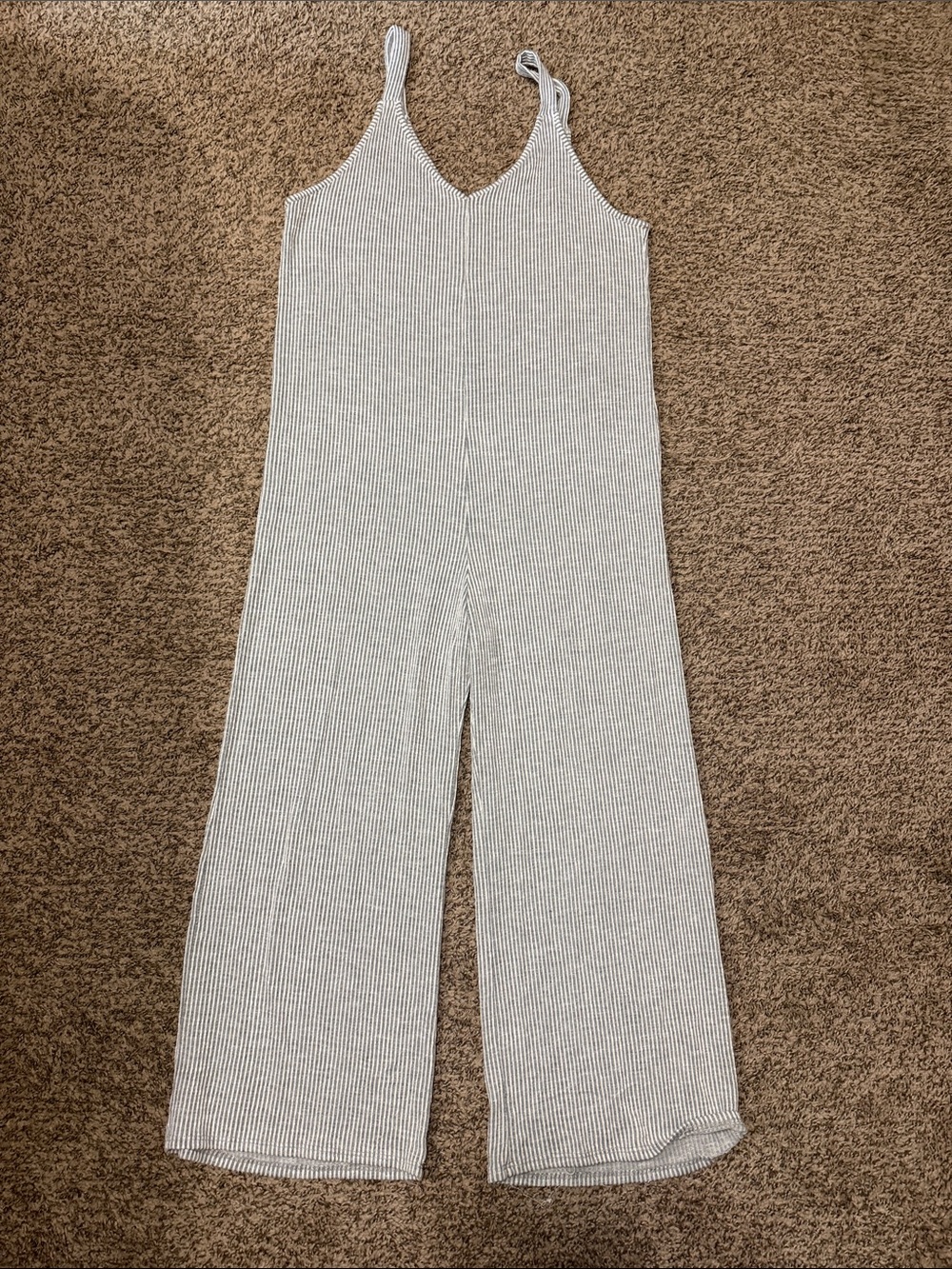 Caution To The Wind Striped Ribbed V-Neck Wide-Leg Jumpsuit — Light Gray & White